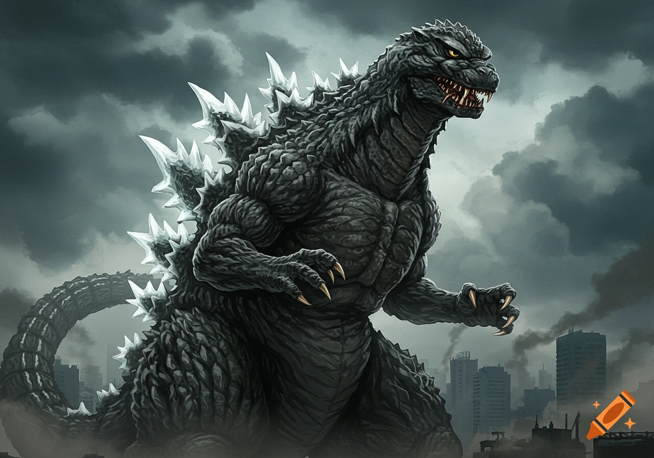 An illustration of Godzilla with thick gray scales and white spikes, roaring against a cloudy sky above a city.