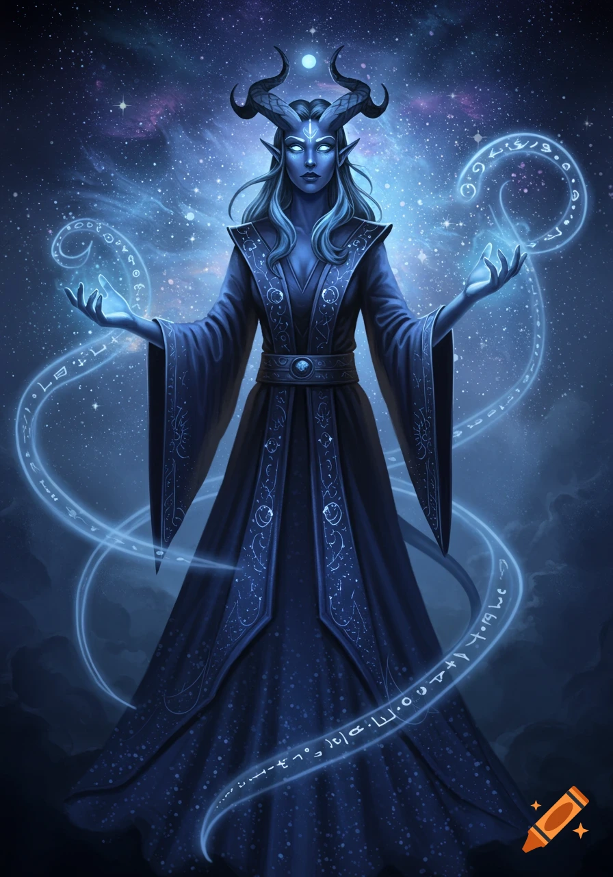 Blue-skinned horned sorcerer in a dark robe casting glowing magic with symbols against a starry cosmic background, digital art.