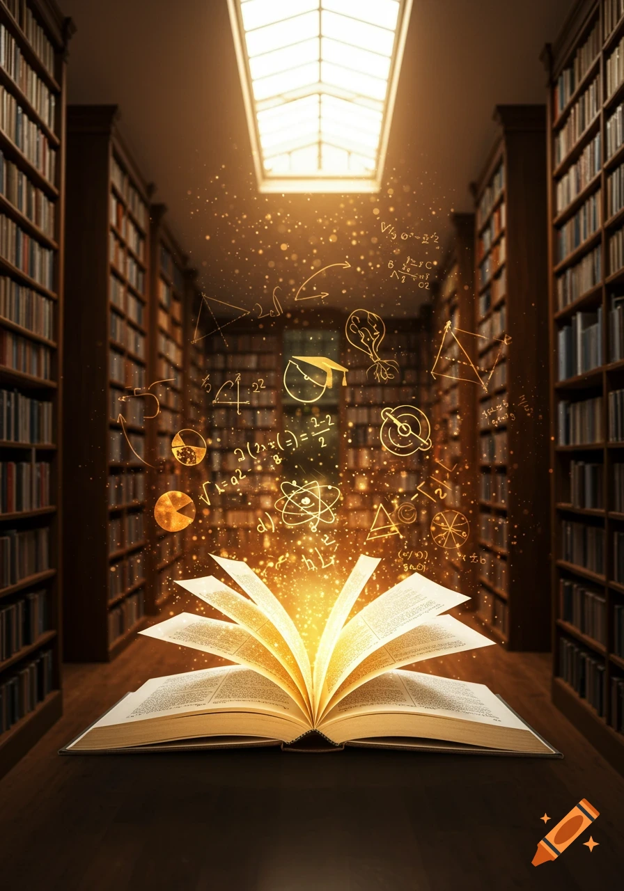 A glowing open book lies on a dark table in a library, radiating golden light and sparkling particles with floating scientific and mathematical symbols.