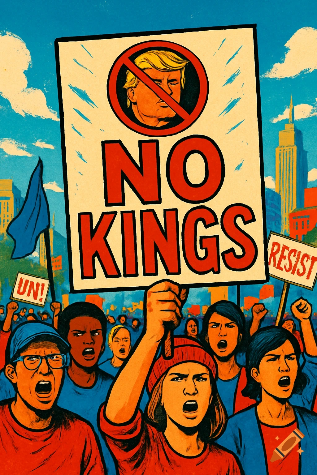 Stylized illustration of a protest crowd holding a 'NO KINGS' sign with a crossed-out Trump. Other signs read 'UN!' and 'RESIST'.