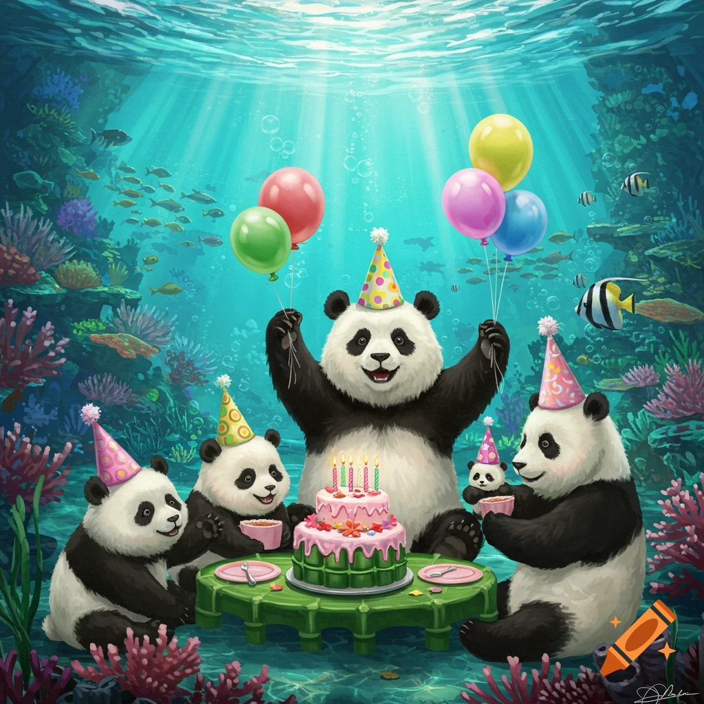 Four cartoon pandas in party hats celebrate a birthday underwater with a pink cake and colorful balloons amidst coral and fish.