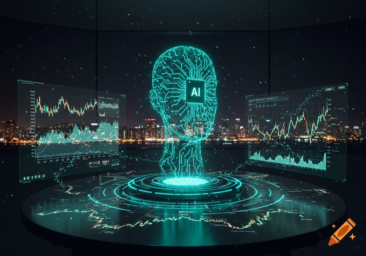 Holographic AI head with circuits and floating financial graphs over a night city skyline, depicting market knowledge technology.