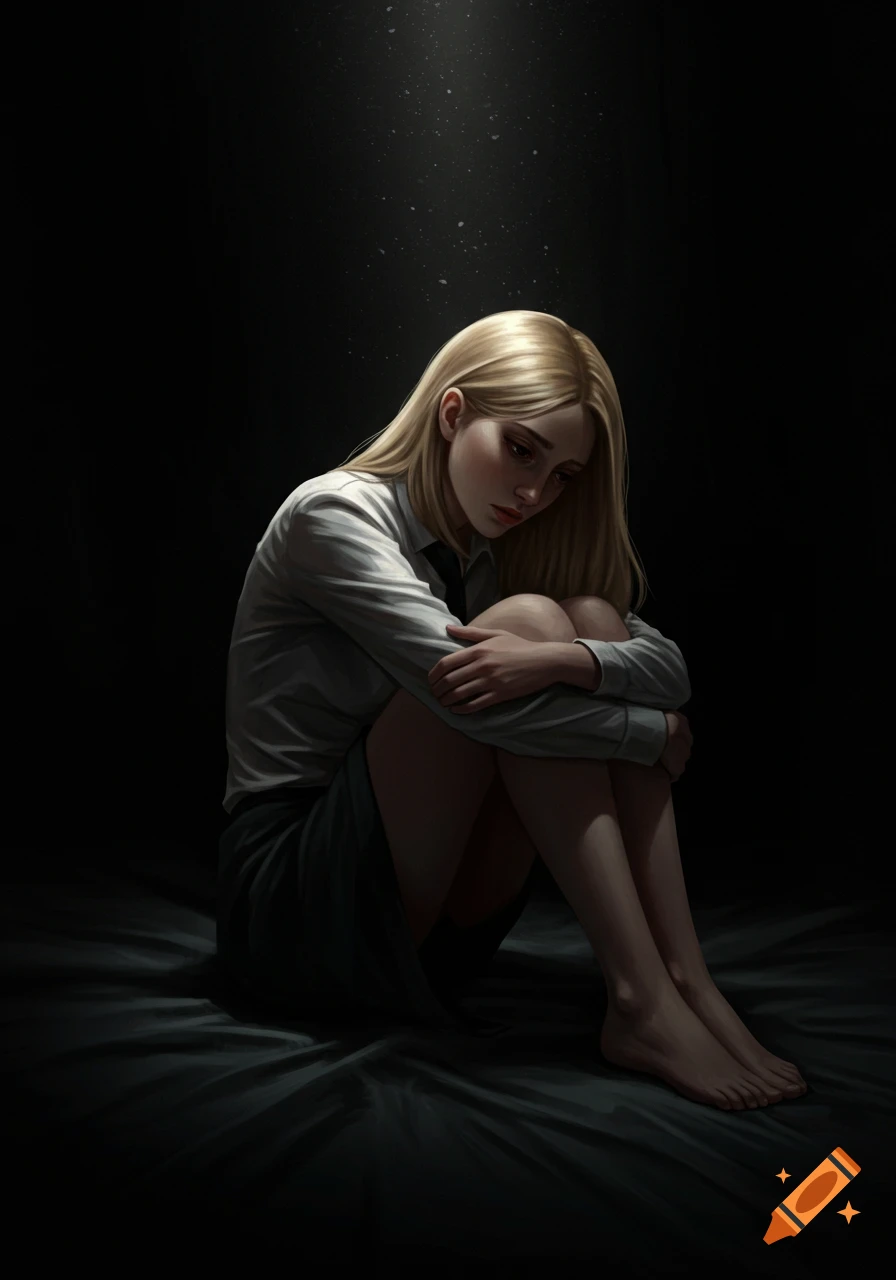 A sad young woman with blonde hair sits in the dark, hugging her knees, with a single light beam illuminating her.