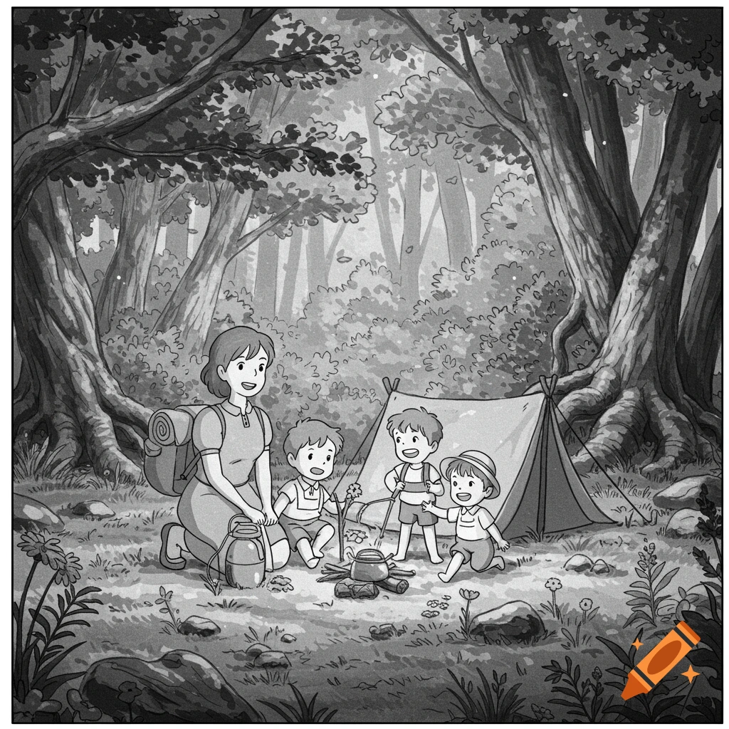 A black and white Ghibli-style cartoon shows a mother, two boys, and a little girl camping in a forest with a tent and a small campfire.