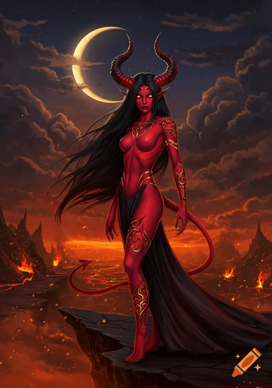 Red-skinned female devil with horns, long dark hair, and tail stands on a rock above a lava landscape under a crescent moon, with golden body art.