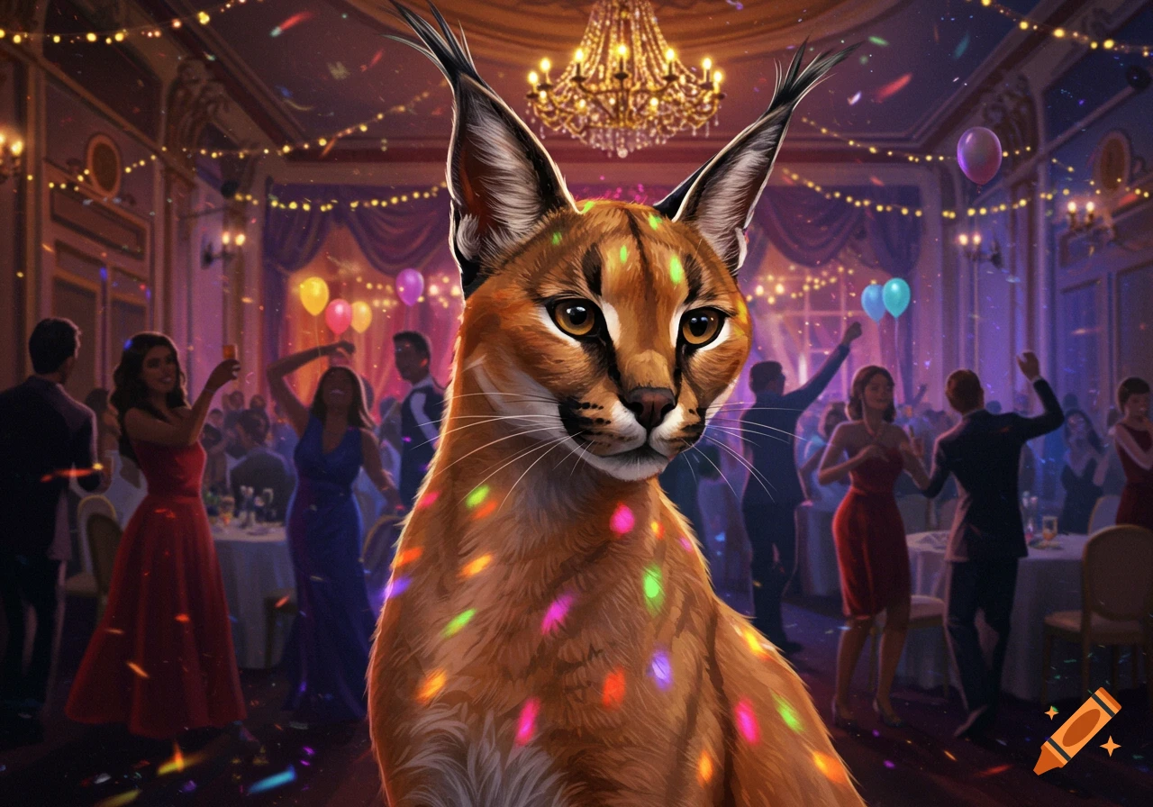 A caracal with colorful disco lights on its fur stands prominently at a lavish party with blurred dancing people in the background.