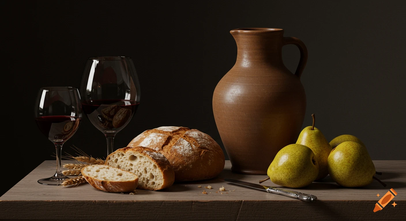 Photorealistic still life with bread, red wine, a clay pitcher, and green pears on a wooden table.