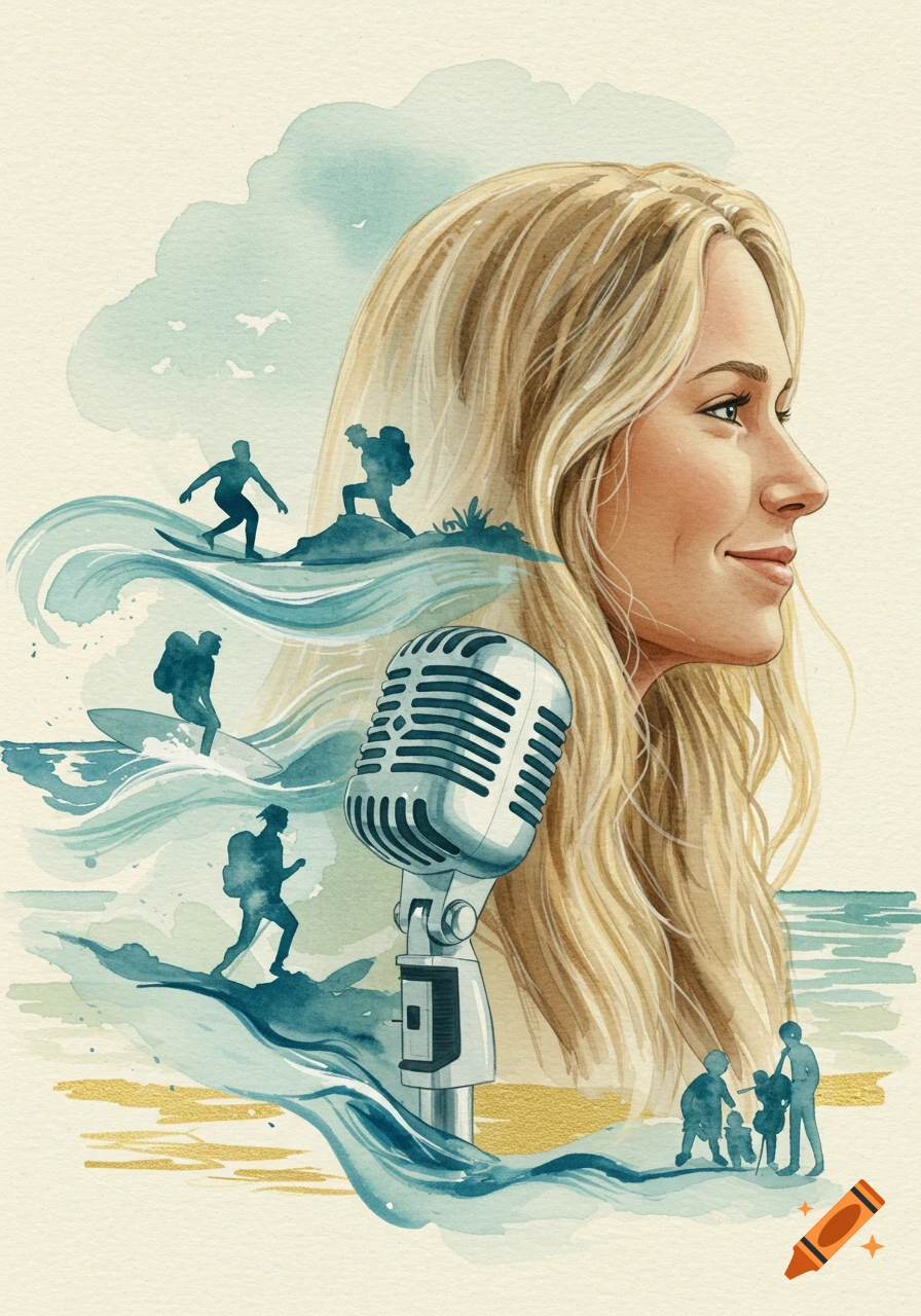 Watercolor illustration of a blonde woman's profile, with hair flowing into blue waves featuring silhouettes of surfers, hikers, and a family, beside a vintage microphone.