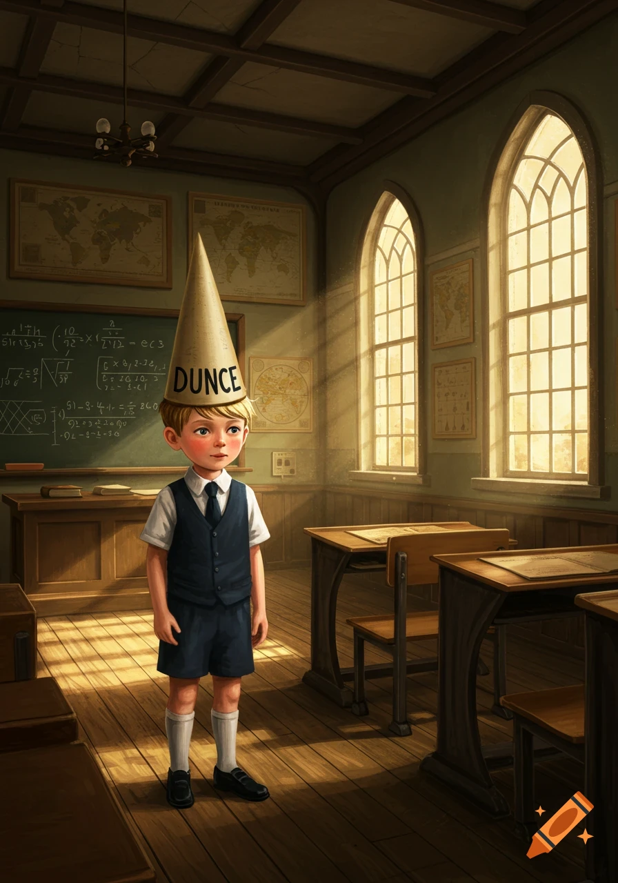 A schoolboy wearing a dunce cap stands in a sunlit old-fashioned classroom with maps and a blackboard.