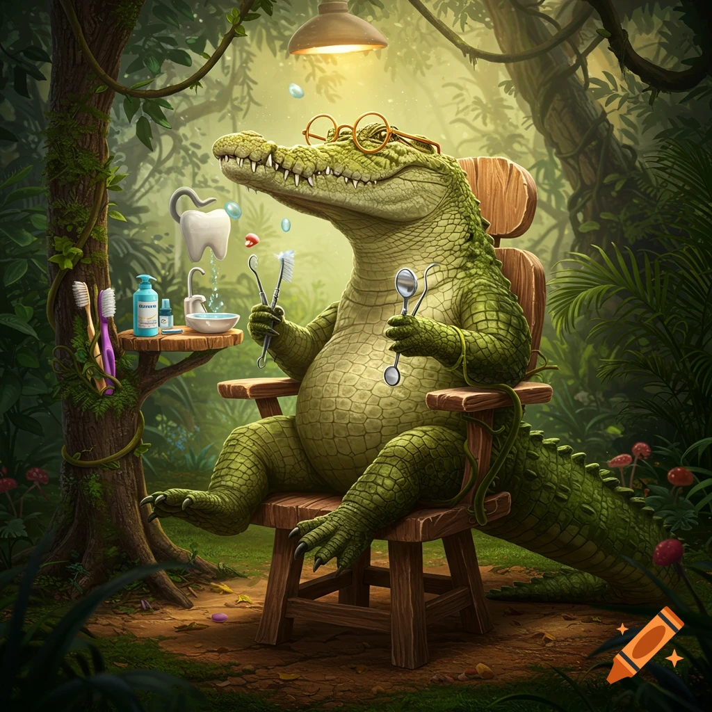 A cartoon crocodile dentist with glasses sits in a jungle chair, holding dental tools. A table holds toothbrushes and a floating tooth.