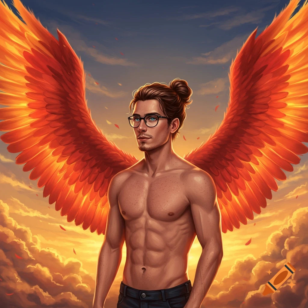 A shirtless man with brown hair in a man bun, glasses, and fiery phoenix wings stands against a sunset sky. Digital art.