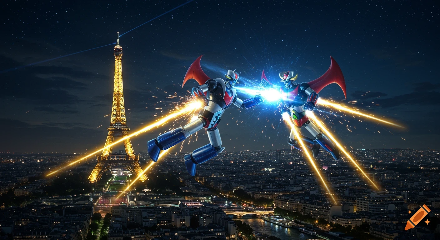Two robots fighting with energy beams above the illuminated Paris skyline at night, featuring the Eiffel Tower.