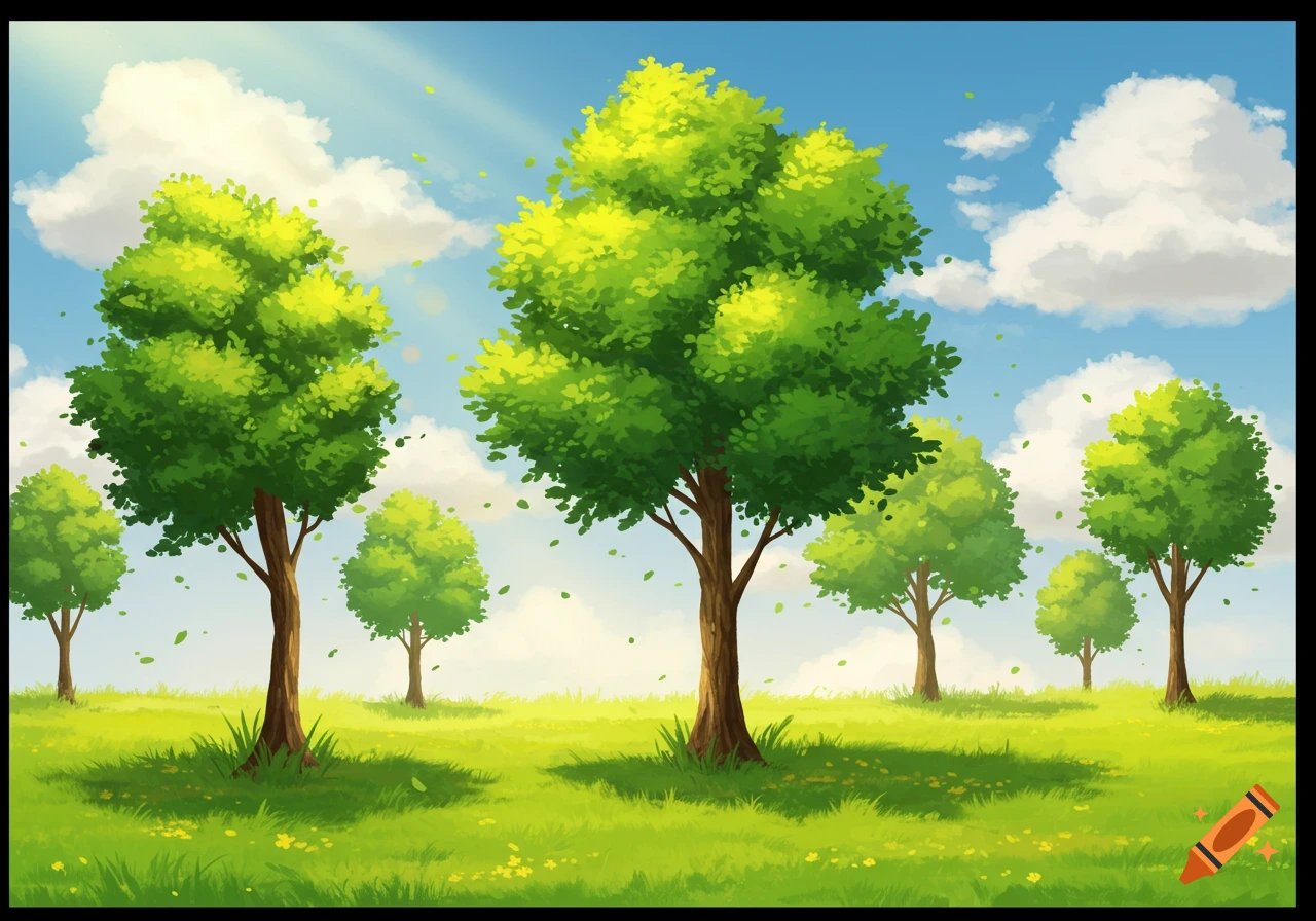 Cartoon illustration of green trees in a field under a blue sky with white clouds, with leaves blowing in the wind.