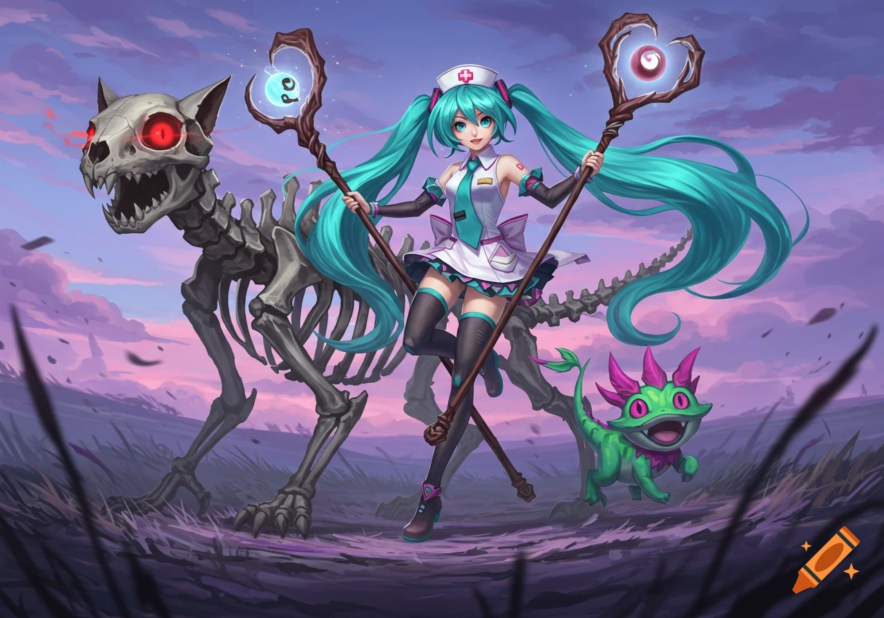 Anime-style Hatsune Miku in a nurse outfit holds two staffs, flanked by a massive skeleton cat and a small green dinosaur under a purple sky.