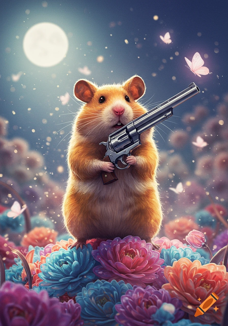 A fluffy hamster holding a silver revolver stands on colorful flowers under a full moon with butterflies in a whimsical illustration.