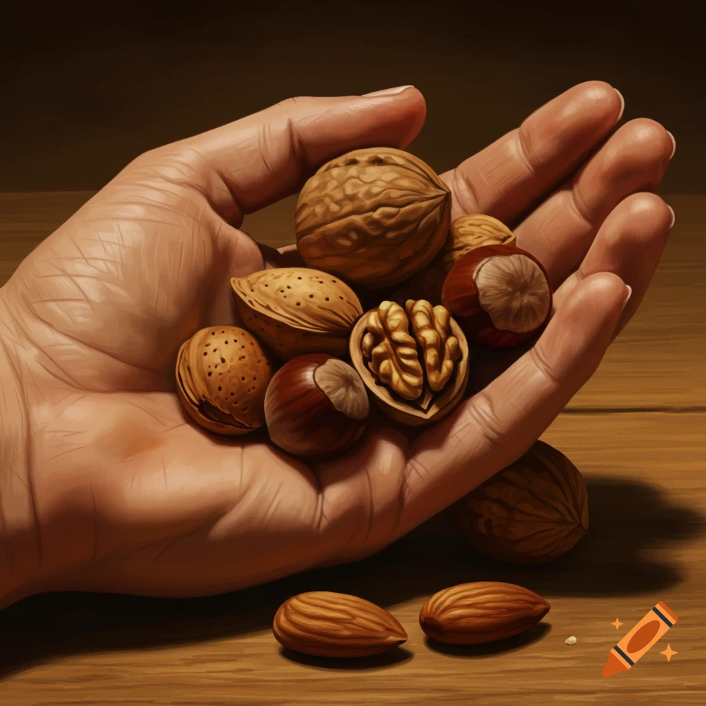 A hand holds a variety of nuts including walnuts, almonds, and hazelnuts, over a wooden table, photorealistic.