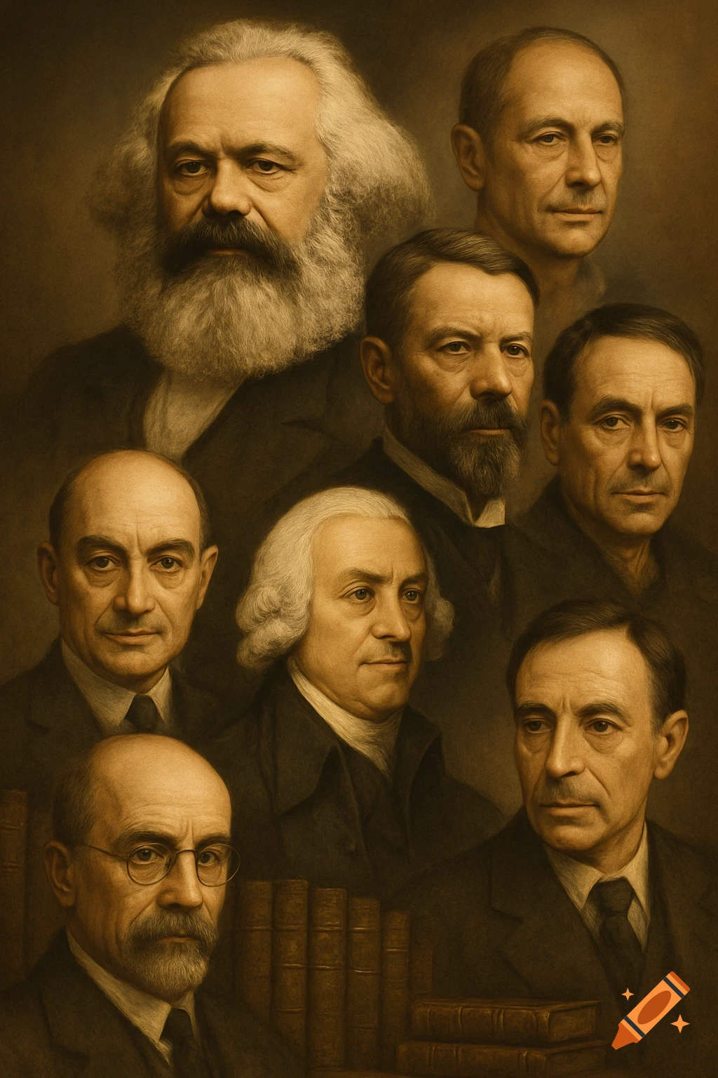 Sepia-toned collage of famous male historical figures like Karl Marx and Adam Smith, in a classical portrait style, with books visible at the bottom.