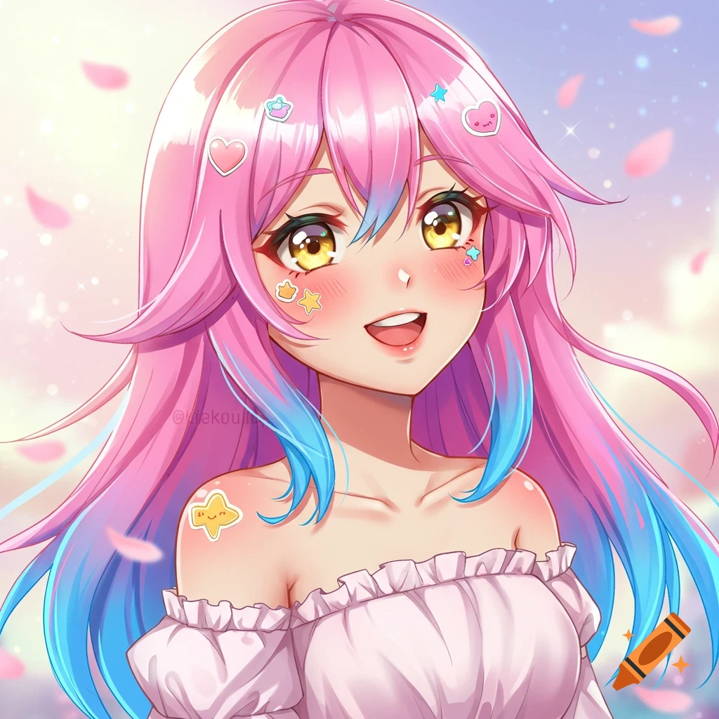 A smiling anime girl with pink and blue hair, golden eyes, and face stickers.
