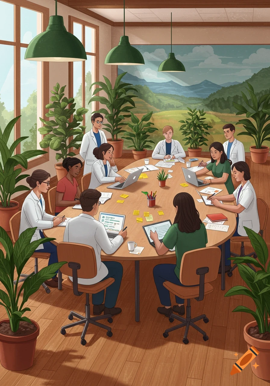 Illustrative view of diverse professionals in lab coats and casual attire working around a meeting table in a bright, plant-filled room.