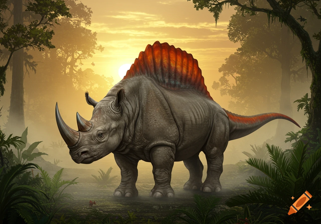 A photorealistic hybrid of a rhinoceros and Spinosaurus with a large red sail on its back stands in a misty jungle at sunset.