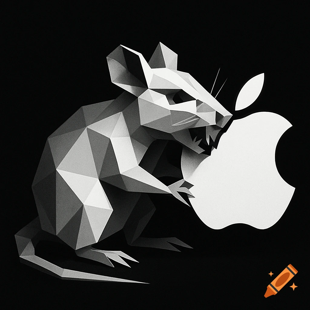 A stylized, geometric white rat with sharp teeth bites into a white Apple logo against a black background.