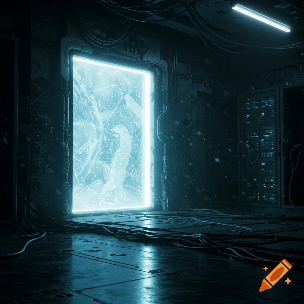A glowing blue portal in a dark, metallic, futuristic room with wires and server racks.