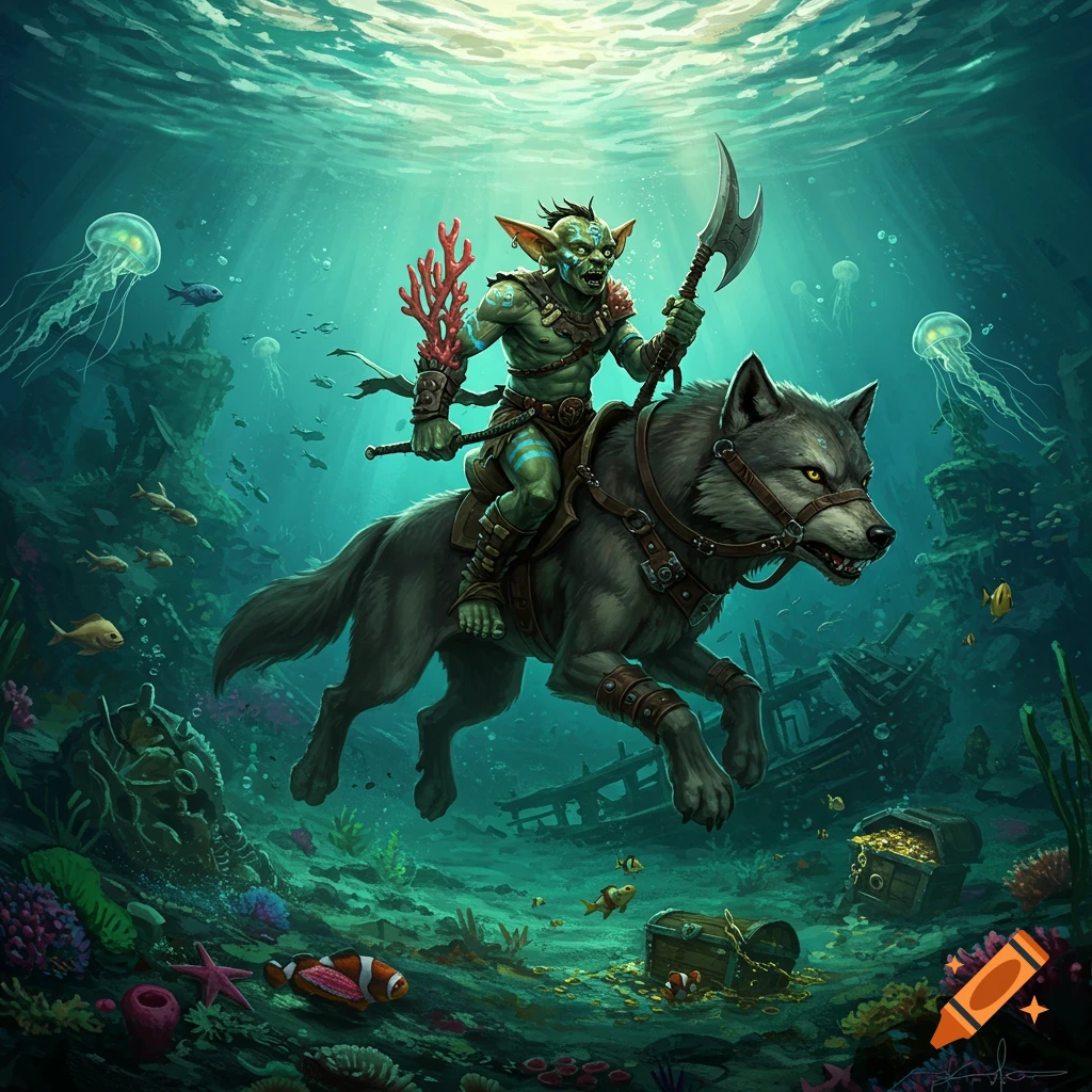 A green hobgoblin riding a wolf underwater amidst colorful coral, fish, and sunken shipwrecks in a detailed fantasy art style.