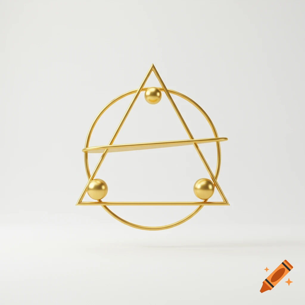 A shiny gold equilateral triangle with a circle intersecting its sides, containing four small gold spheres, on a white background.