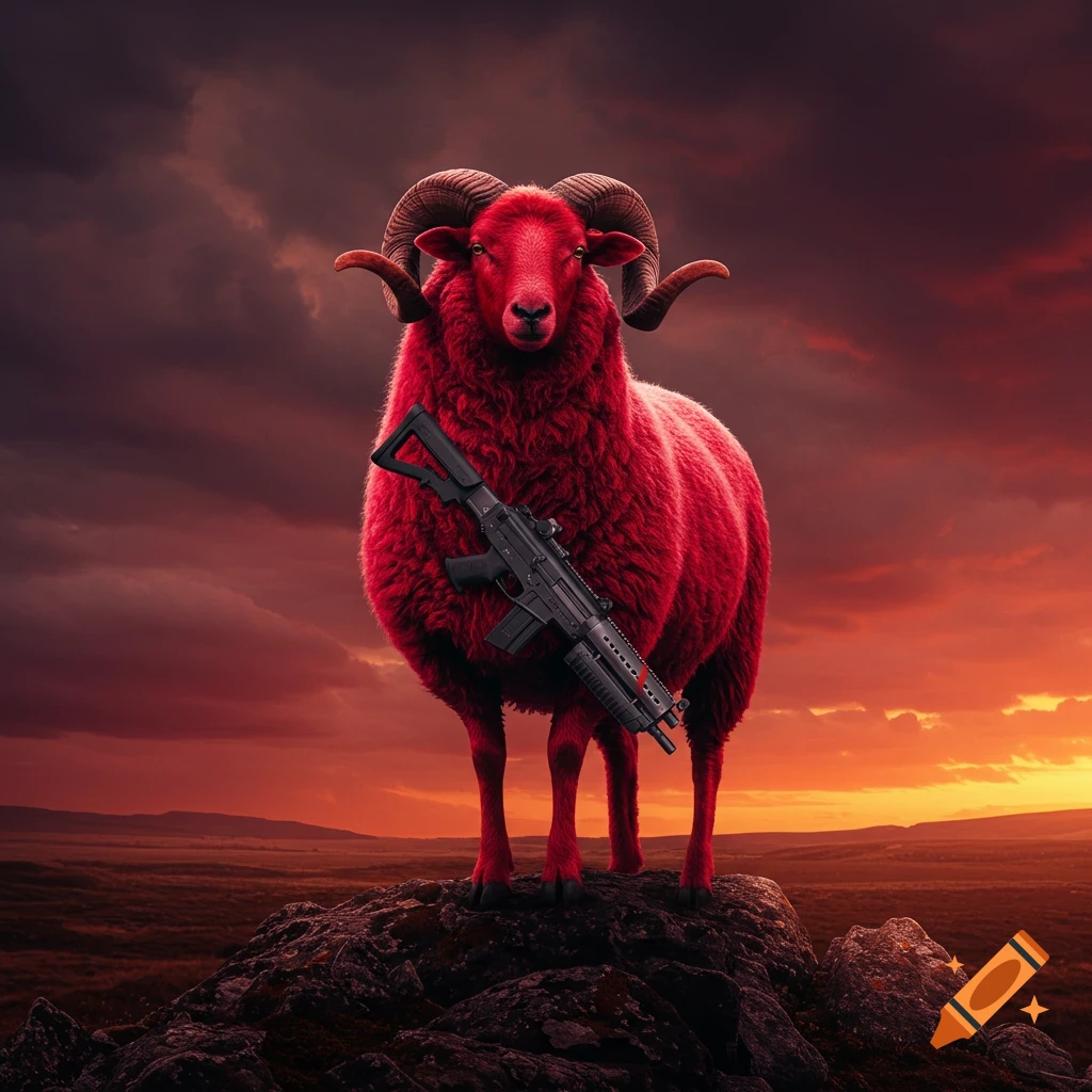 A photorealistic red ram with large horns stands on a rocky hill, holding an assault rifle, against a dramatic red and orange sunset sky.