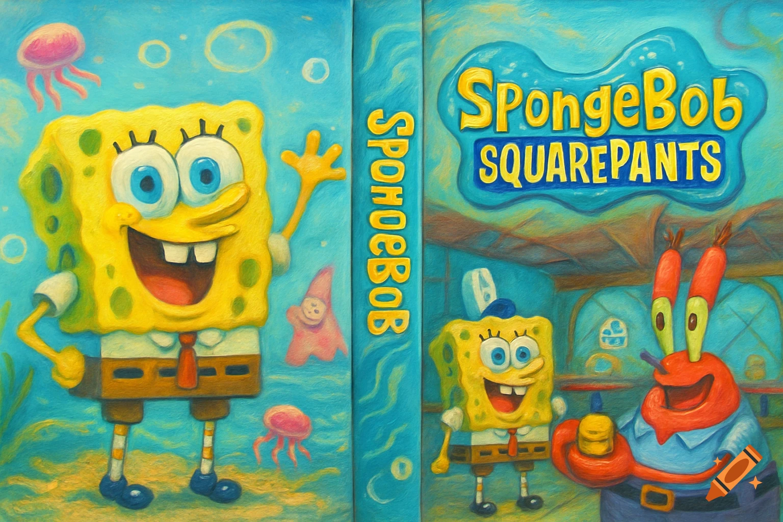 Painterly SpongeBob SquarePants DVD cover featuring smiling SpongeBob on the front and spine, with Mr. Krabs, in an underwater setting.