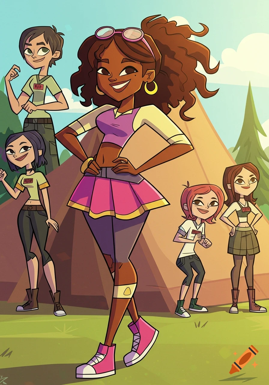 A group of diverse cartoon characters in a camp setting, featuring a smiling woman with curly hair in the foreground.
