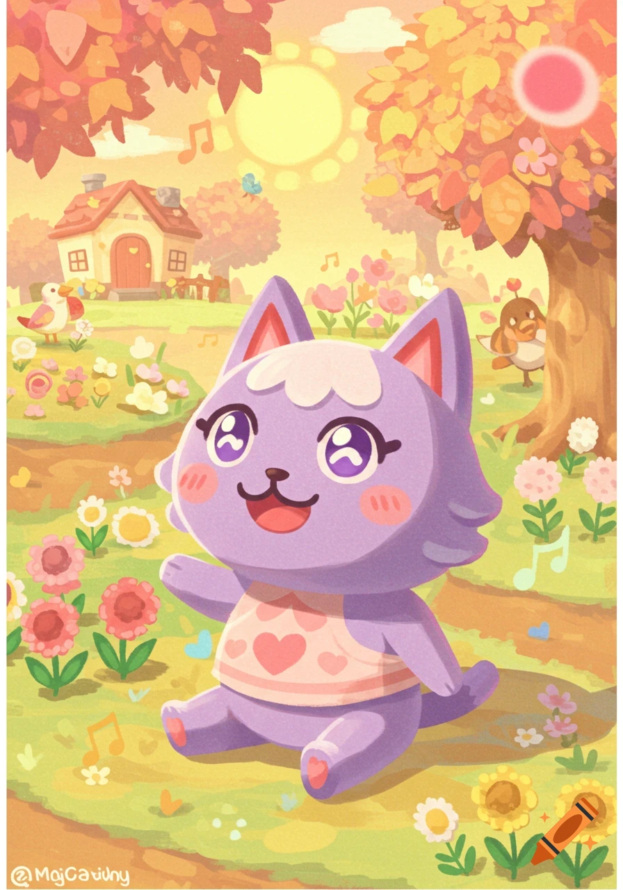 A cute purple Animal Crossing cat character with big eyes sits in a vibrant flower field with a house and birds in a sunny, cheerful illustration.