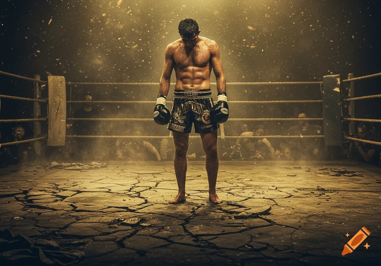 A shirtless kickboxer stands dejected in a dusty, cracked boxing ring after a fight, lit by overhead spotlight.