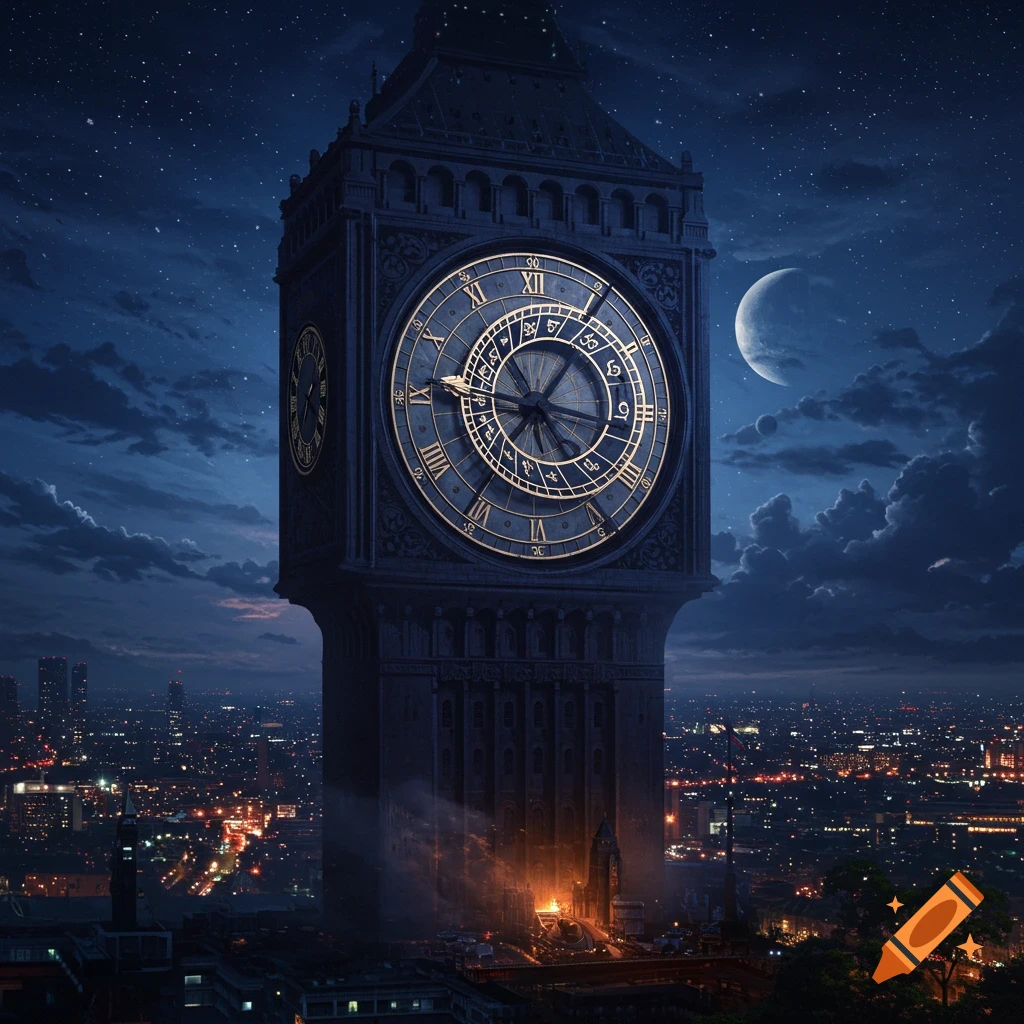 A majestic, intricately designed clock tower rises above a bustling city skyline at night, under a star-filled sky with a crescent moon.