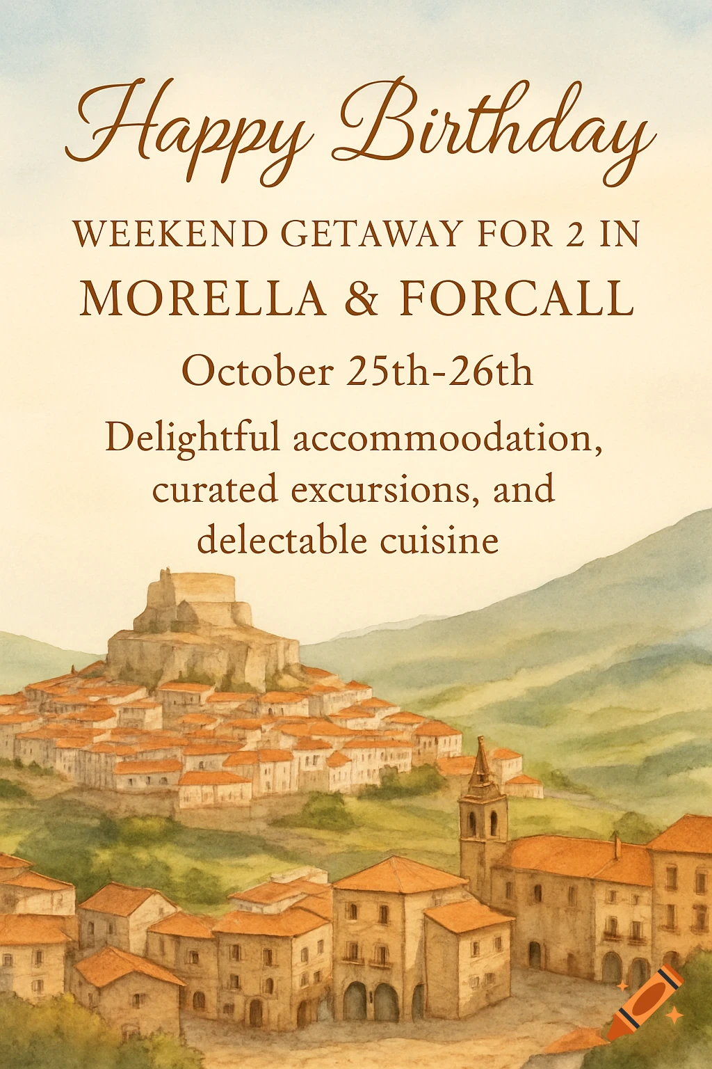 A watercolor painting of a European hill town with a castle. Text reads "Happy Birthday Weekend Getaway for 2 in Morella & Forcall".
