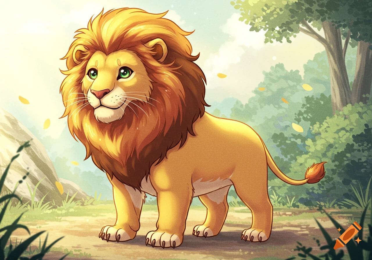 A cute, majestic anime-style lion with a golden mane and green eyes stands on a forest path with falling leaves.