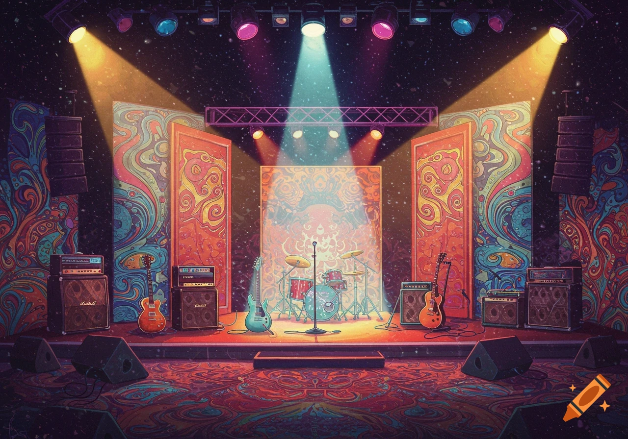 A brightly lit psychedelic music stage with drums, guitars, amplifiers, and colorful swirly patterns on the backdrops and floor in an illustrated style.
