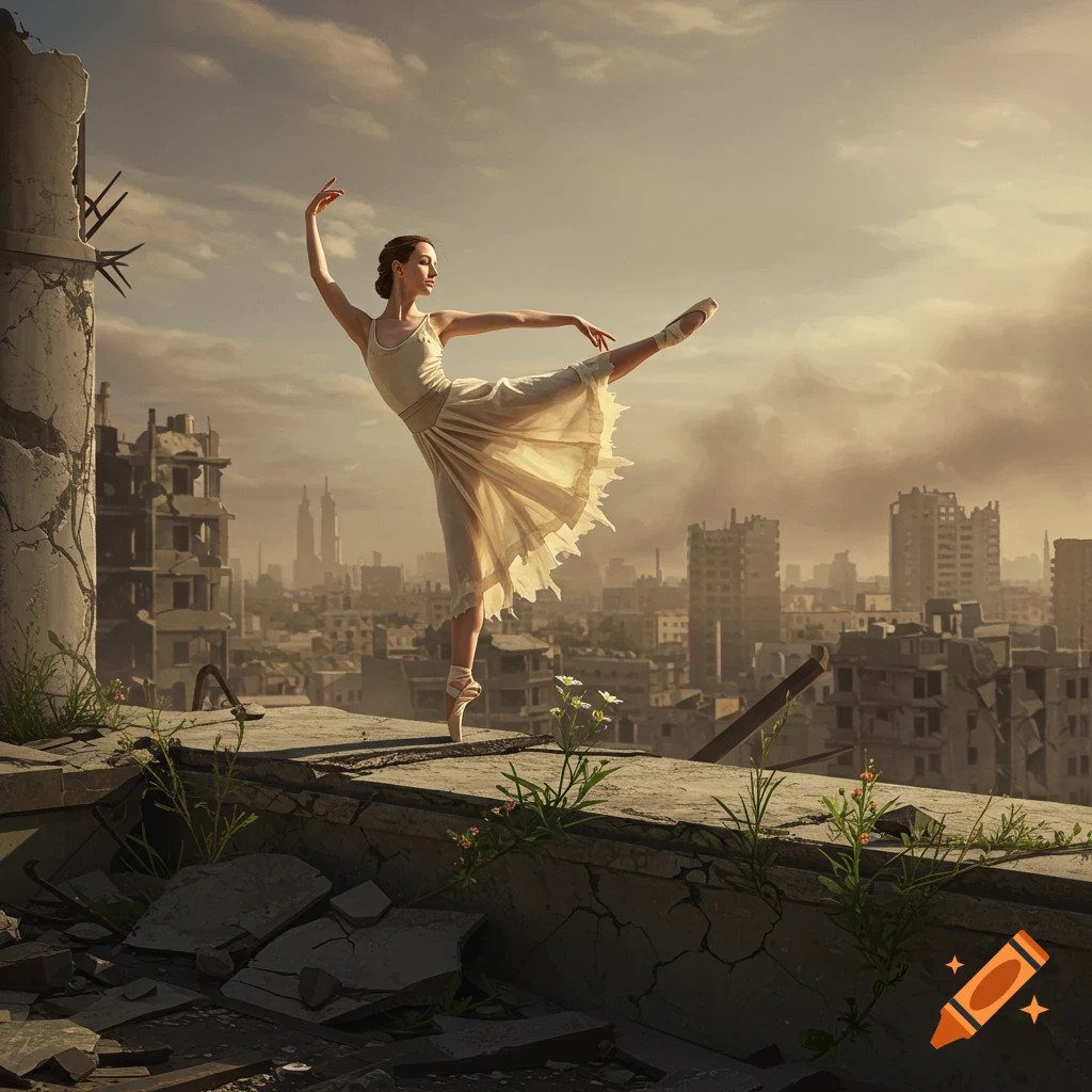 Ballerina in a white dress dancing gracefully on a crumbling rooftop overlooking a war-torn city under a cloudy sky.