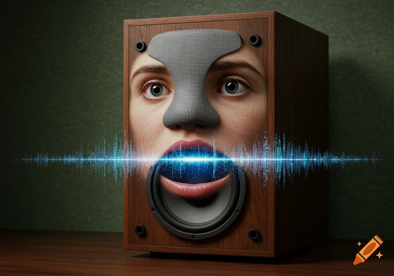 A surreal photorealistic image of a wooden bookshelf speaker with a human face, emitting blue sound waves from its mouth-like speaker.