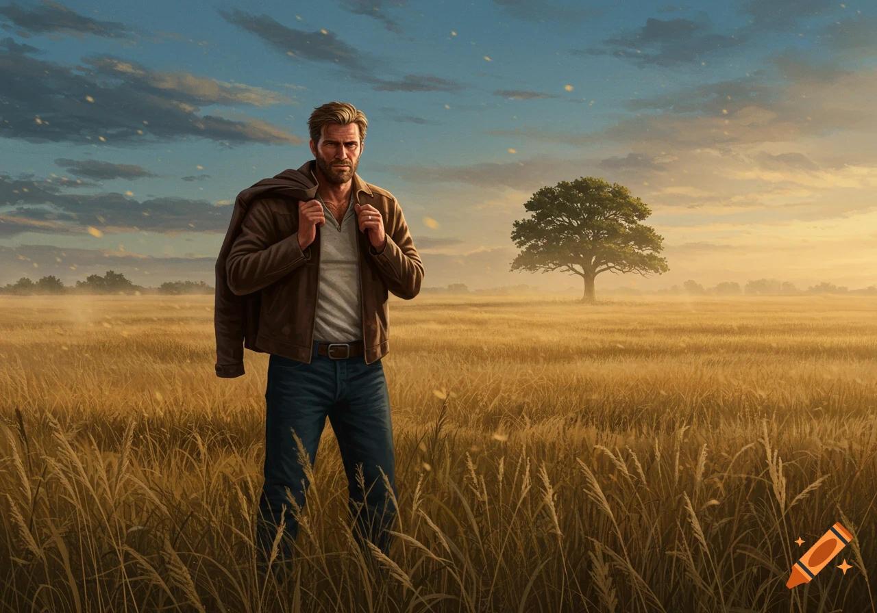 A man with a beard and a brown jacket over his shoulder stands in a golden wheat field with a large tree under a cloudy sky.