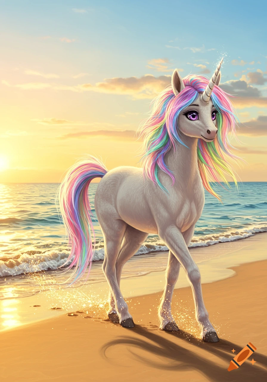 A light grey unicorn with a rainbow mane and tail walks along a sandy beach at sunset, with sparkles around its hooves.