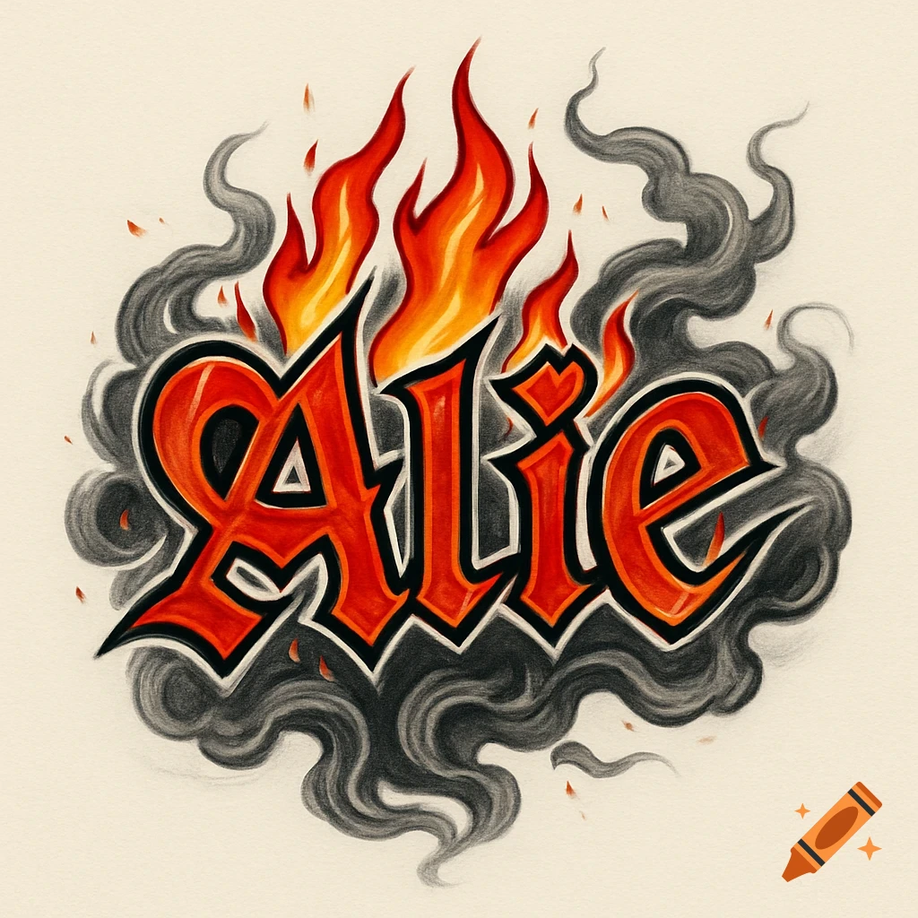A bold, fiery tattoo design of the name 'Alie' in red and orange letters engulfed in flames with swirling dark smoke.
