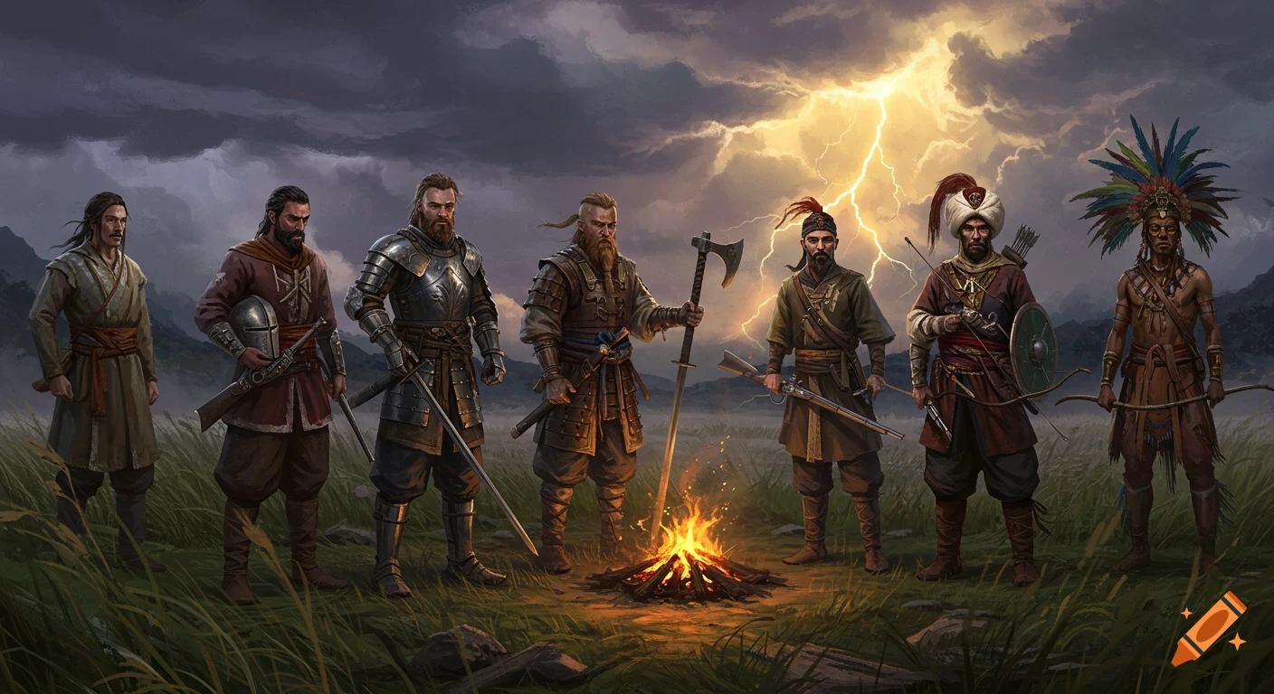 Seven diverse warriors stand around a bright campfire in a stormy, dark fantasy landscape under lightning-filled skies.