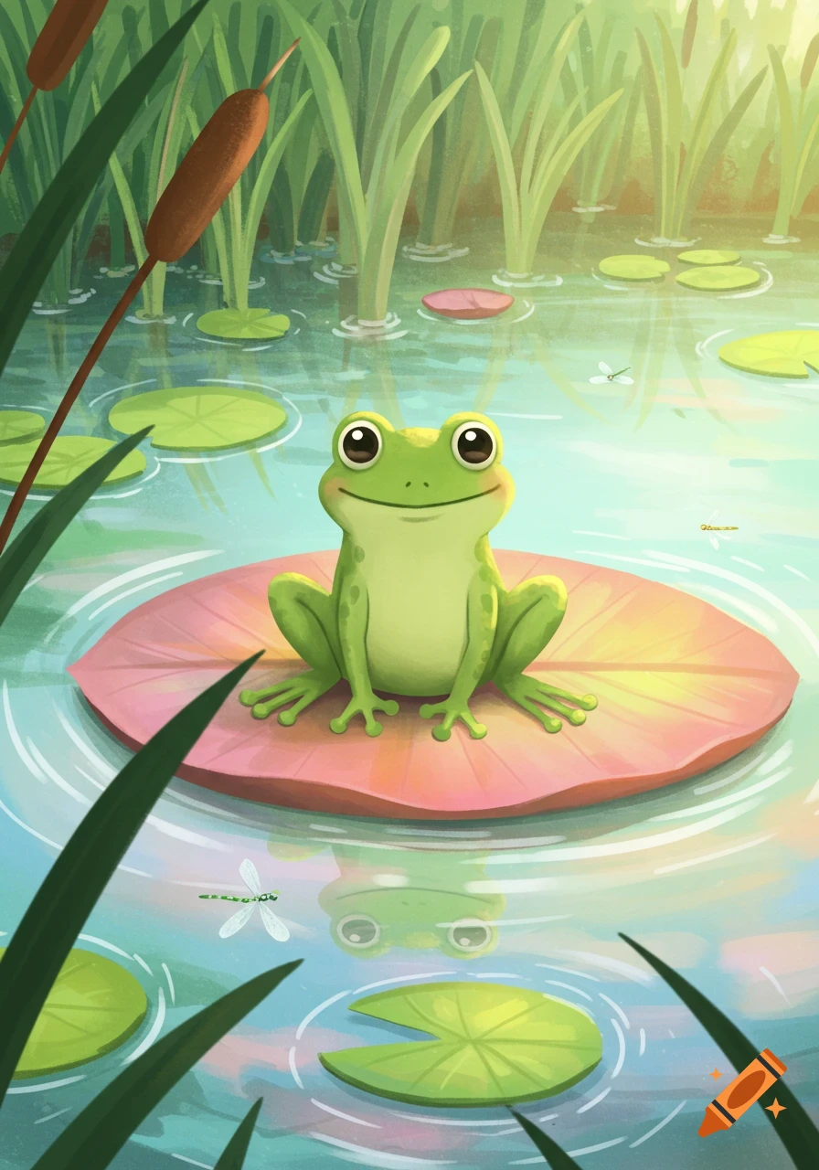 A cute green frog sits on a pink lily pad in a pond surrounded by reeds and other lily pads in a 2D illustration.