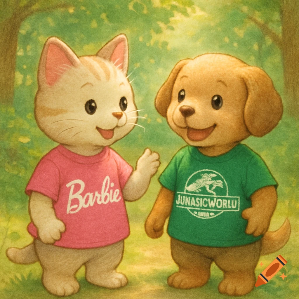 A cartoon cat in a pink Barbie t-shirt and a dog in a green Jurassic World t-shirt stand in a forest clearing.