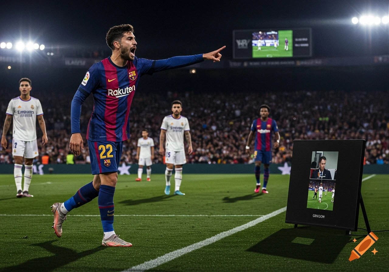 A Barcelona football player in a red and blue striped jersey points emphatically on a green pitch during a night match against Real Madrid players.