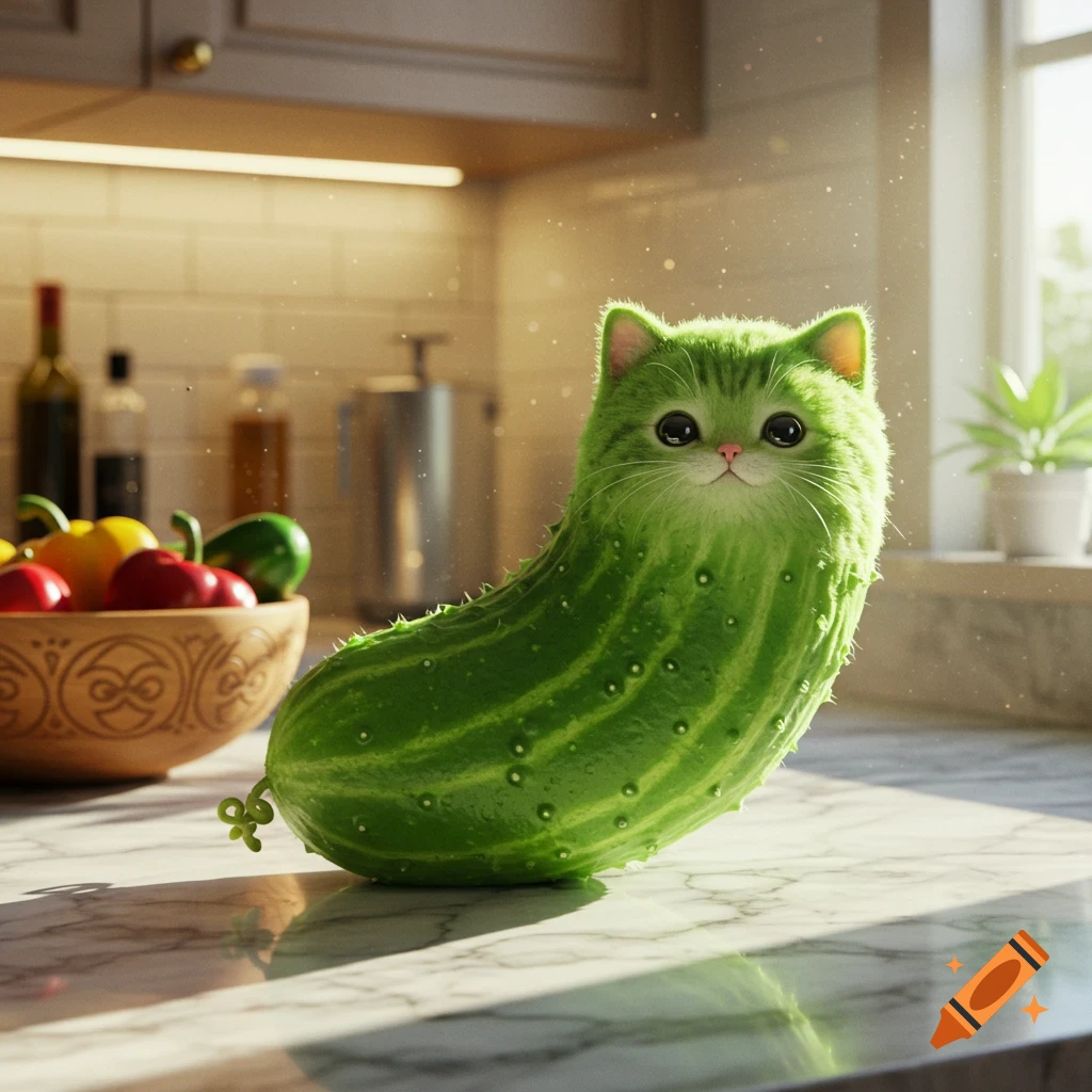 A cute, fluffy green cat with a cucumber body sits on a marble kitchen counter, bathed in sunlight.