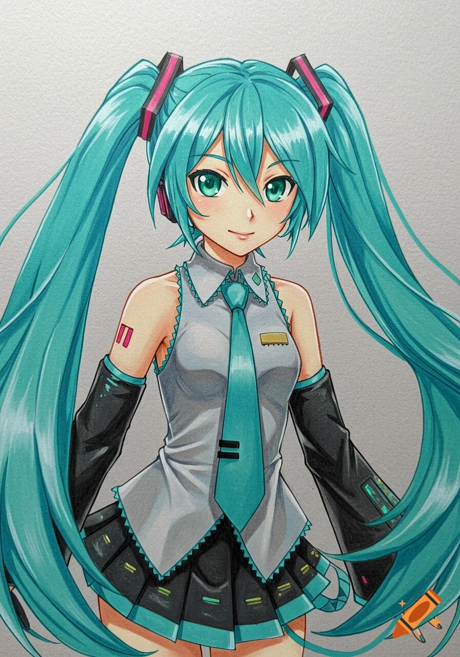 A smiling Hatsune Miku with long teal pigtails in a sleeveless top and tie, drawn with colored pencils.