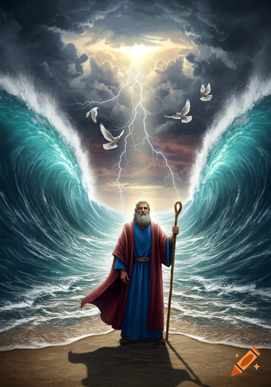 Moses stands on a beach, parting a stormy sea with massive waves, lightning, and doves flying as sunlight breaks through dark clouds.