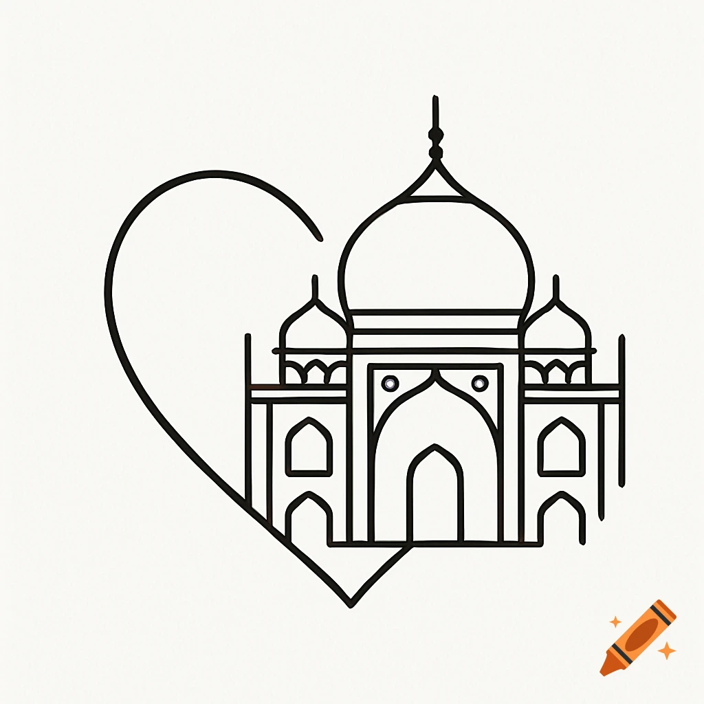 A black line art logo featuring the Taj Mahal iconic structure intertwined with a heart shape on a white background.